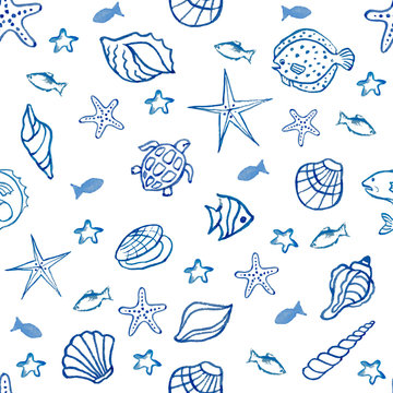Seamless pattern with sea shells, star fish on the chalk Board.