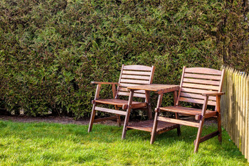 wooden table and chairs on a green lawn in the backyard