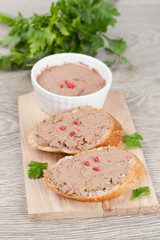 liver pate with pink pepper on toasted bread