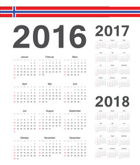 Set of Norwegian 2016, 2017, 2018 year vector calendars