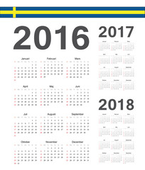 Set of Swedish 2016, 2017, 2018 year vector calendars