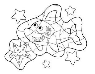 Cartoon scene - happy shark and starfishes - isolated - illustration for children