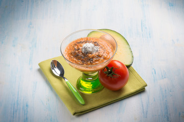 gazpacho with avocado tomato seeds poppy and cream sauce