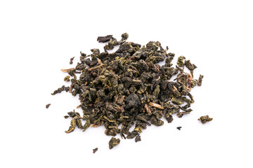 Aromatic black dry tea with petals, isolated on white