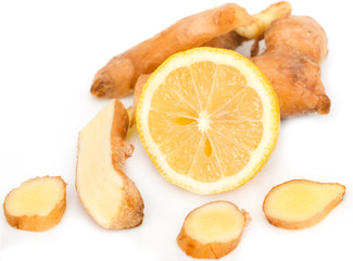 ginger root with lemon on white background