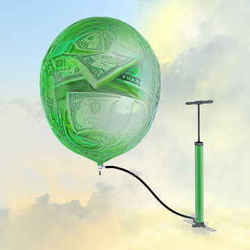 The Pump, The Balloon With The Image Of Money. Inflating Money.