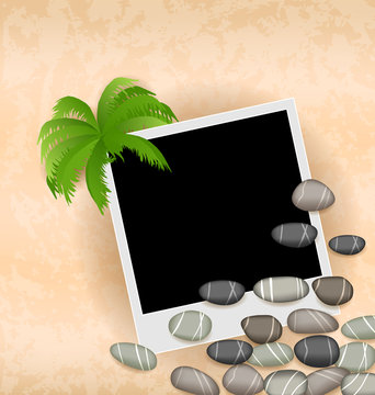 Photo frame background with stones and palm