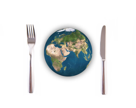 World globe ball with fork and knife, Elements of this image fur
