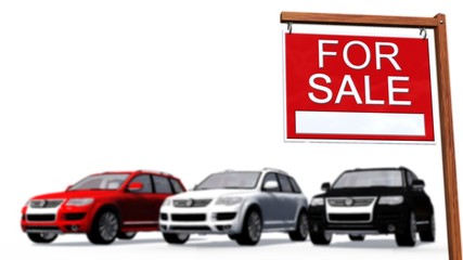 Cars for sale Sign in front of a car -  on white background