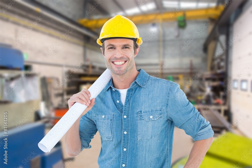 Poster composite image of confident architect holding rolled blueprint