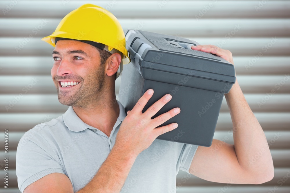 Poster composite image of handyman carrying toolbox on shoulder