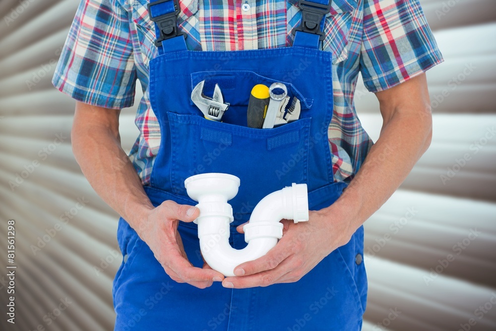 Poster composite image of cropped image of plumber holding sink pipe