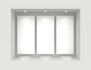 Exhibit Showcases with white placards and light bulbs