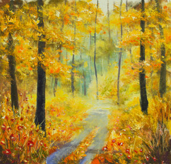 Original oil painting Road in the autumn forest.