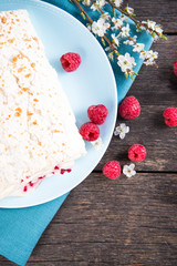 homemade fresh raspberry cake with fruits, from above