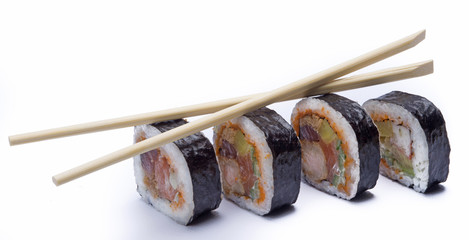 futo maki sushi with chop sticks isolated on white background
