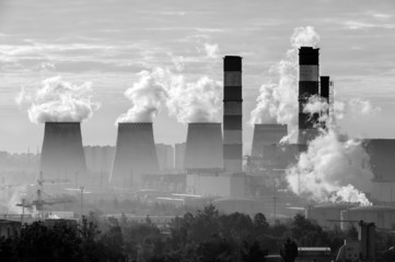 Power plant pipes with swirling smoke, environmental pollution,