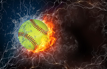 Baseball ball in fire and water - obrazy, fototapety, plakaty