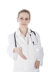 Fototapeta premium Happy Woman Doctor Showing Hand Shake Gesture