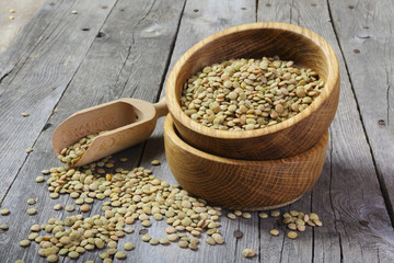 Dry lentils in a wooden bowl