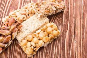 Peanut brittle sweet hard on wooden table