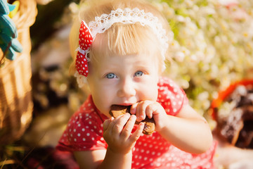 little girl eats chocolate cookies