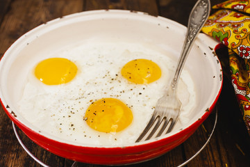 fried eggs in a frying pan