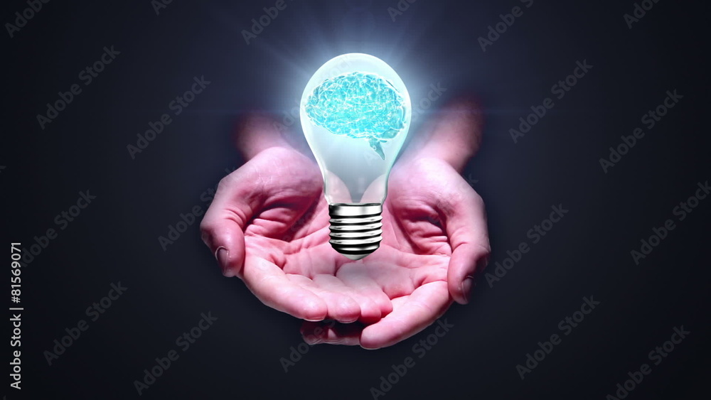 Poster hands presenting light bulb with brain