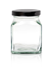 Clear cubic glass bottle with black aluminium cap isolated on wh
