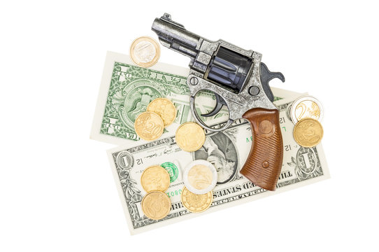Money and a gun white background