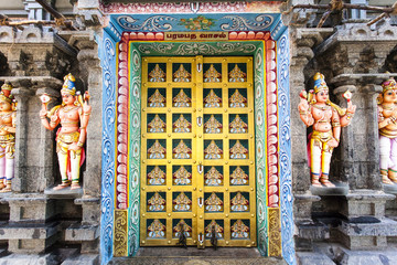 Rich decorated doors of the Hindu Sri Ranganathaswamy Temple in Tiruchirappalli (Trichy) in Tamil Nadu, South India