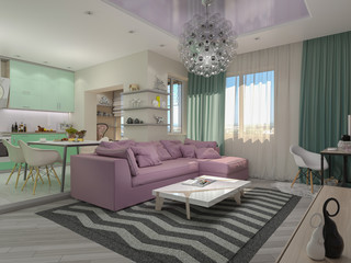 3d illustration of small apartments in pastel colors. Green mode