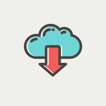 Cloud with arrow down thin line icon