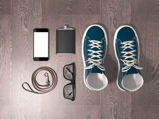 Every day carry man items collection: glasses, leash, sneakers.