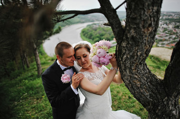 Wedding couple stay on a hilltop near the river and bridge