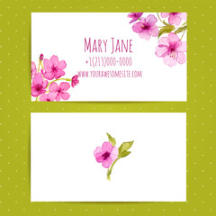 Business card template with watercolor flowers of cherry blossom