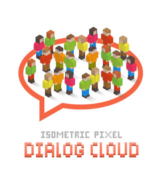 Dialog cloud made up of isometric pixel art people