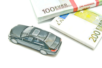 euro notes and black car