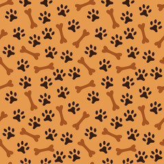 Animal seamless vector pattern of paw footprint and bone