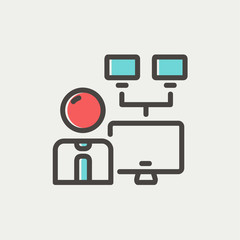 Man and screen with cameras thin line icon