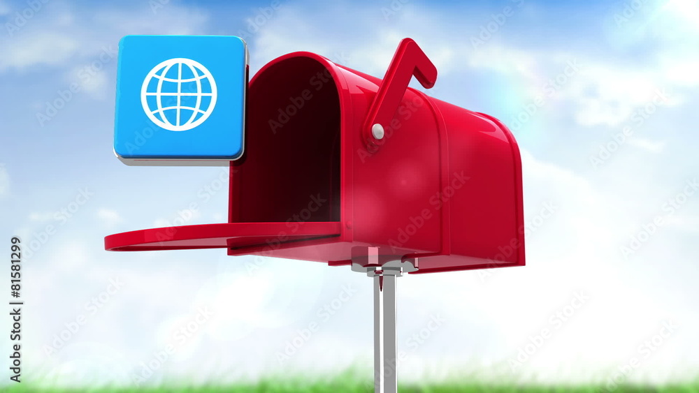 Poster internet icon in the mailbox on blue sky background
