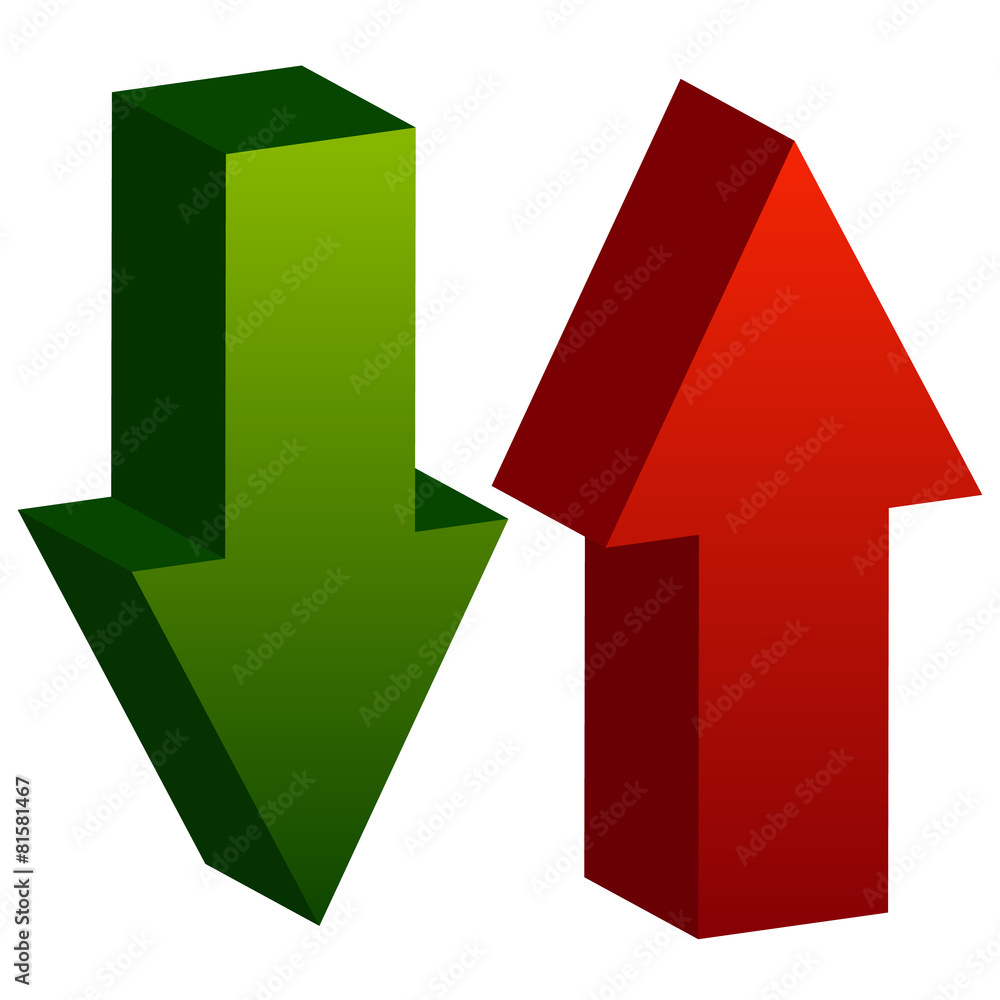 Poster 3d arrows point up and down in green and red. Editable vector. G