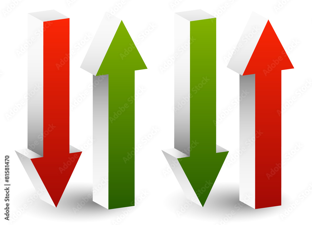 Poster 3d arrows point up and down in green and red. Editable vector. G