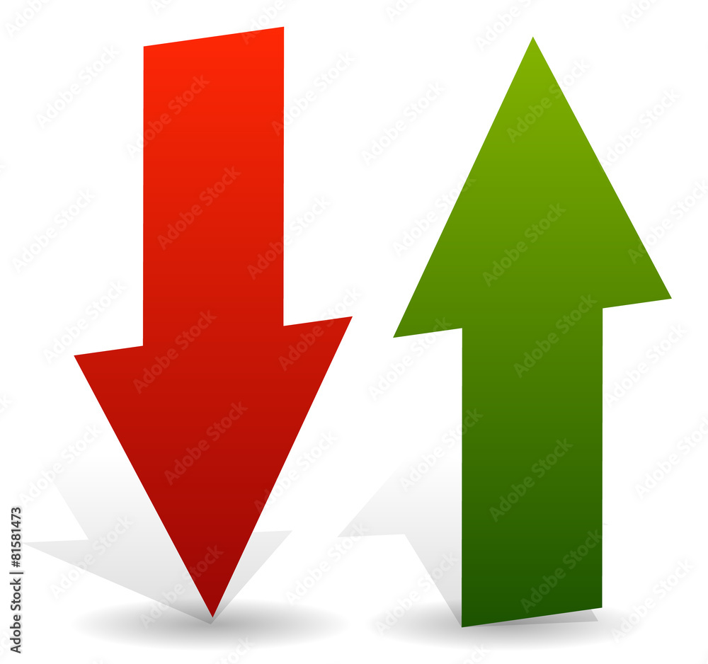 Poster 3d arrows point up and down in green and red. Editable vector. G