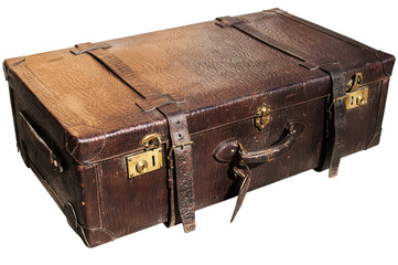 Old closet locked retro vintage leather suitcase isolated