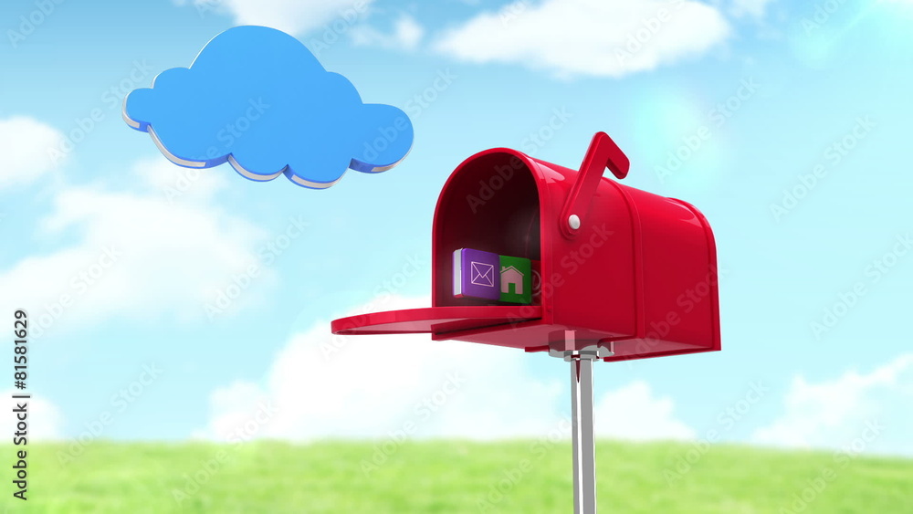 Poster Internet icons in the mailbox on cloudy background