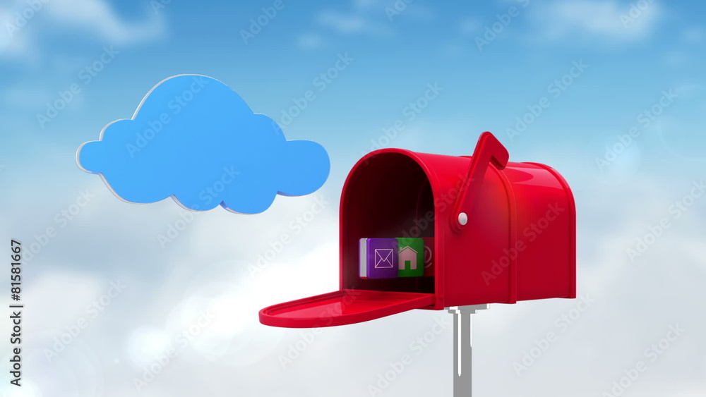 Poster Internet icons in the mailbox on cloudy background