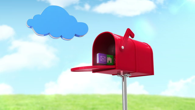 Internet icons in the mailbox on cloudy background