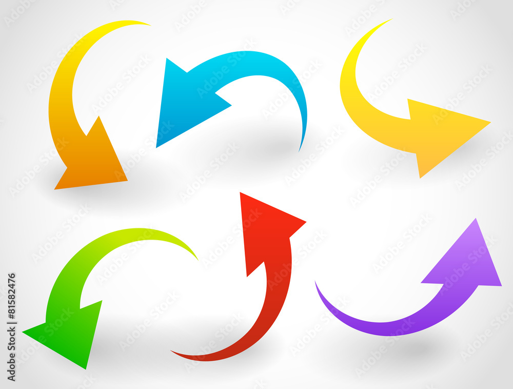Poster curved, bent colorful vector arrow elements isolated on white. e