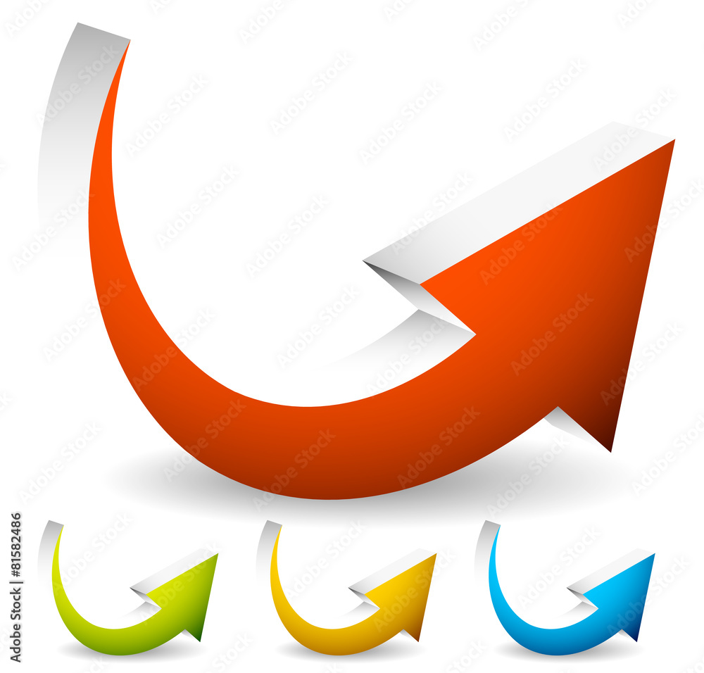 Poster curved, bent colorful vector arrow elements isolated on white. e